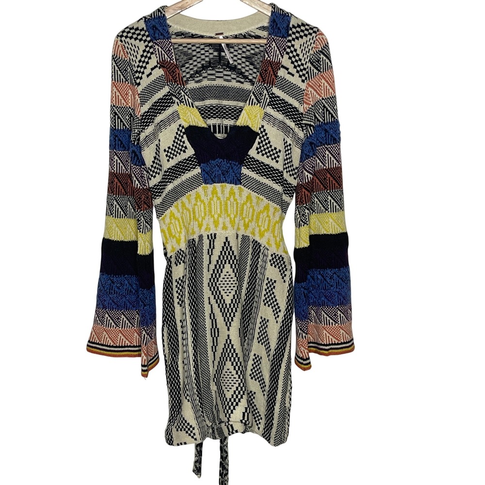 Free People Knit‎ Mini Dress Long Sleeve Geometric Pattern Boho Multicolor